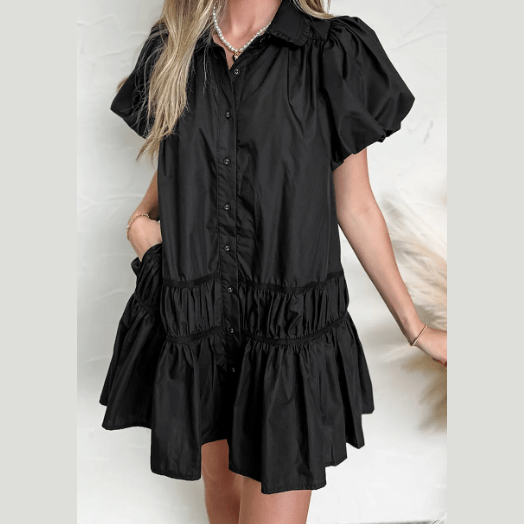 Janna Black Shirt Style Button Down Puff Sleeve Ruffle Hem Dress