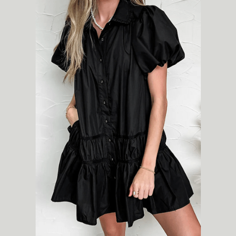 Janna Black Shirt Style Button Down Puff Sleeve Ruffle Hem Dress