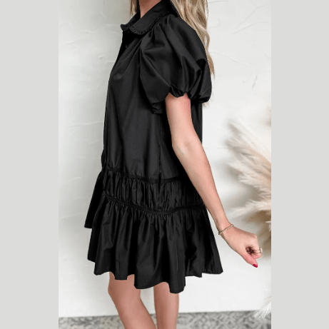 Janna Black Shirt Style Button Down Puff Sleeve Ruffle Hem Dress