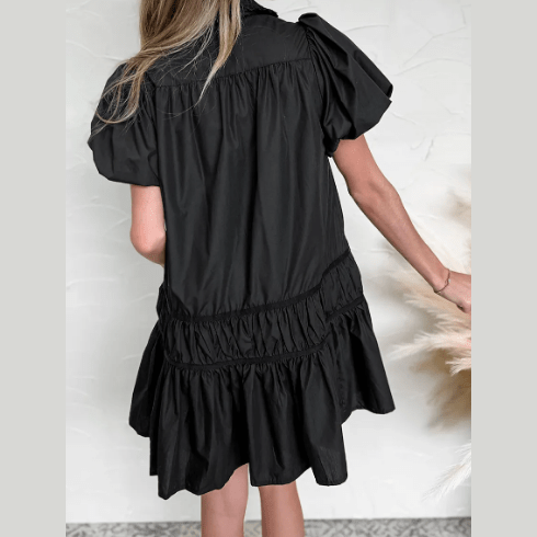 Janna Black Shirt Style Button Down Puff Sleeve Ruffle Hem Dress