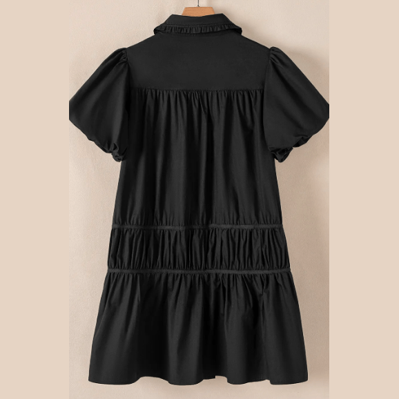 Janna Black Shirt Style Button Down Puff Sleeve Ruffle Hem Dress