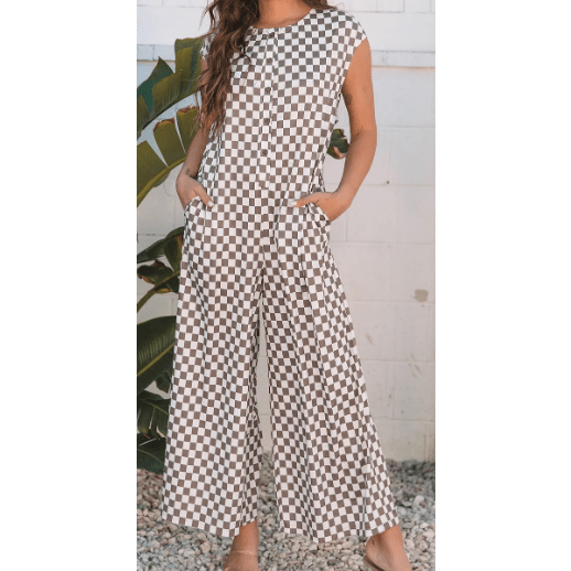 Cally Brown Checkered Print Buttoned Crew Neck Wide Leg Jumpsuit