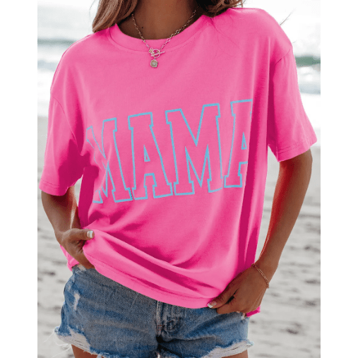 Bright Pink MAMA Letter Graphic Neon T Shirt