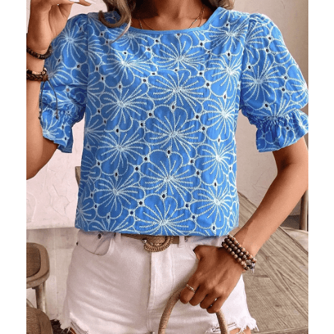 Justine Sky Blue Eyelet Flower Embroidery Frilled Short Puff Sleeve Blouse