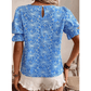 Justine Sky Blue Eyelet Flower Embroidery Frilled Short Puff Sleeve Blouse