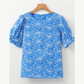 Justine Sky Blue Eyelet Flower Embroidery Frilled Short Puff Sleeve Blouse