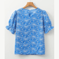Justine Sky Blue Eyelet Flower Embroidery Frilled Short Puff Sleeve Blouse