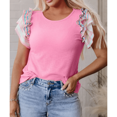 Kori Bonbon Pink Striped Ruffle Flutter Sleeve Ribbed Blouse