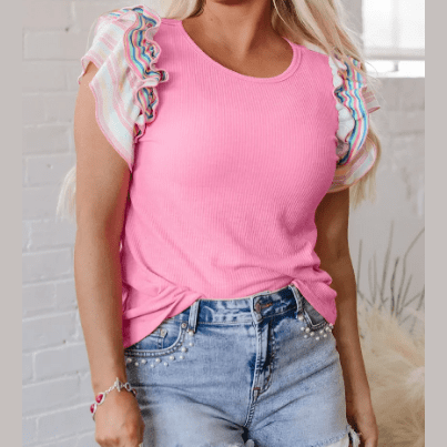 Kori Bonbon Pink Striped Ruffle Flutter Sleeve Ribbed Blouse