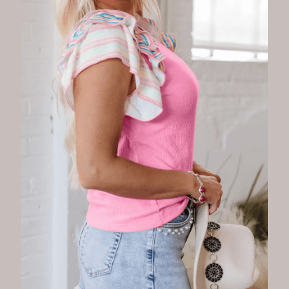 Kori Bonbon Pink Striped Ruffle Flutter Sleeve Ribbed Blouse