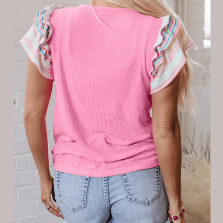 Kori Bonbon Pink Striped Ruffle Flutter Sleeve Ribbed Blouse