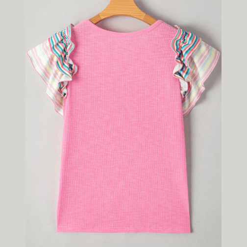 Kori Bonbon Pink Striped Ruffle Flutter Sleeve Ribbed Blouse