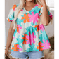 Andi Pink Floral Print Bubble Sleeve V Neck Peplum Blouse