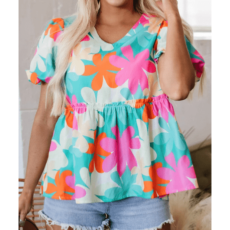 Andi Pink Floral Print Bubble Sleeve V Neck Peplum Blouse