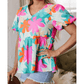 Andi Pink Floral Print Bubble Sleeve V Neck Peplum Blouse