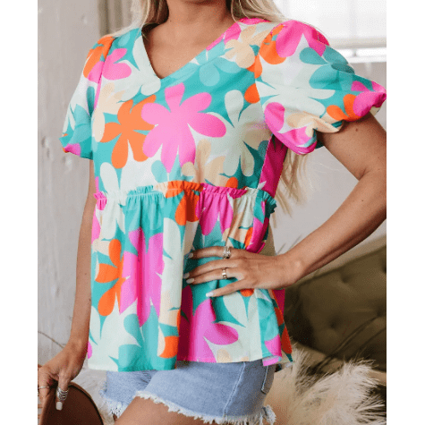 Andi Pink Floral Print Bubble Sleeve V Neck Peplum Blouse