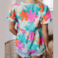 Andi Pink Floral Print Bubble Sleeve V Neck Peplum Blouse