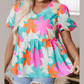 Andi Pink Floral Print Bubble Sleeve V Neck Peplum Blouse