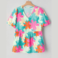 Andi Pink Floral Print Bubble Sleeve V Neck Peplum Blouse