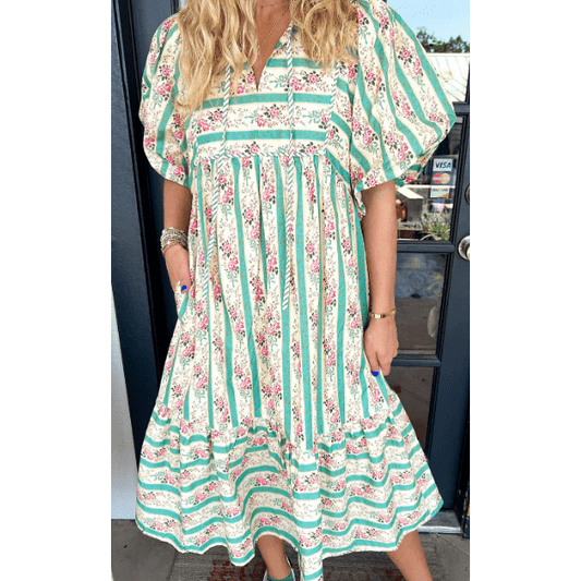 Becca Multicolour Striped Floral Print Tie Split Neck Puff Sleeve Midi Dress