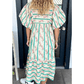 Becca Multicolour Striped Floral Print Tie Split Neck Puff Sleeve Midi Dress