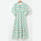Becca Multicolour Striped Floral Print Tie Split Neck Puff Sleeve Midi Dress