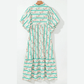Becca Multicolour Striped Floral Print Tie Split Neck Puff Sleeve Midi Dress