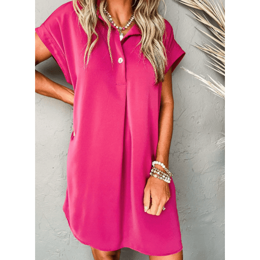 Kitt Pink Buttoned Collar Shift T-shirt Mini Dress
