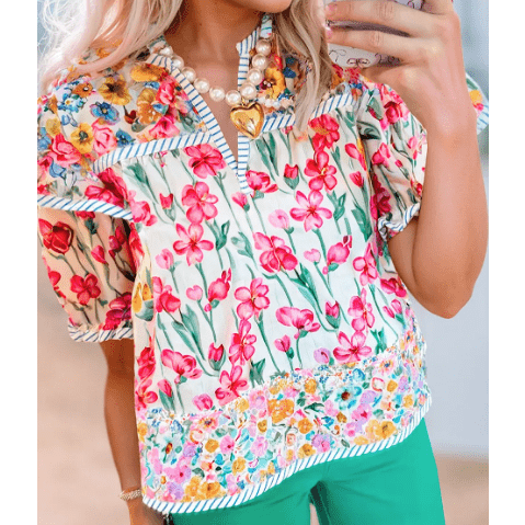 RTS Yesenia Pink Floral Print Striped Detail Split Neck Short Sleeve Blouse