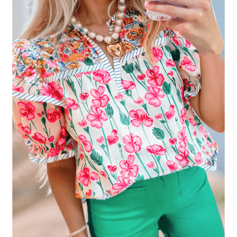 RTS Yesenia Pink Floral Print Striped Detail Split Neck Short Sleeve Blouse