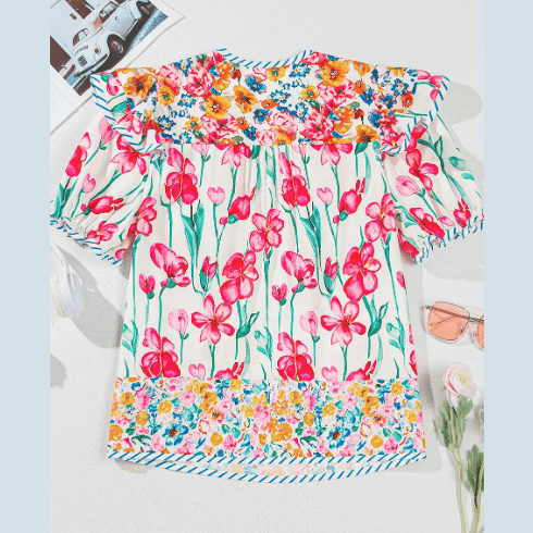 RTS Yesenia Pink Floral Print Striped Detail Split Neck Short Sleeve Blouse