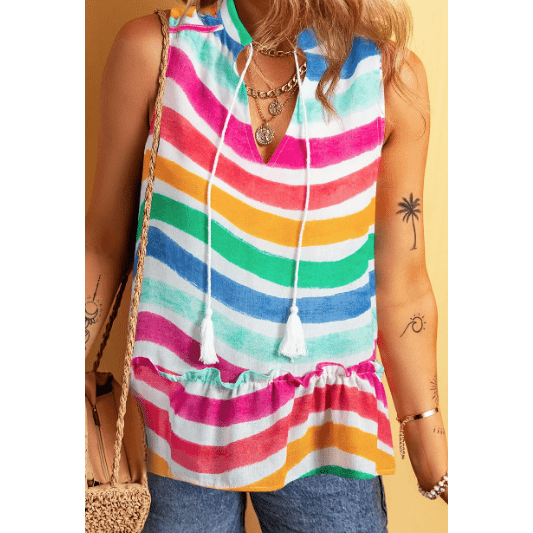 Val Rainbow Stripes Ruffled Hem Drawstring V Neck Tank Top