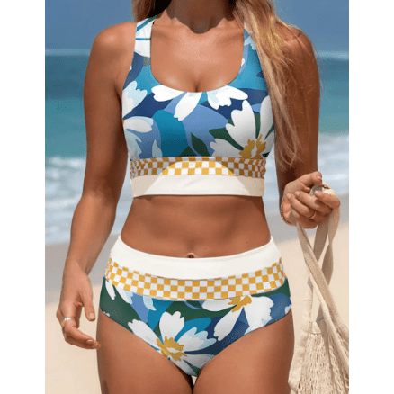 Kadine Green Floral Print Racerback Cutout High Waist 2pcs Bikini
