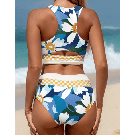 Kadine Green Floral Print Racerback Cutout High Waist 2pcs Bikini