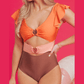 Saskia Orange Ruffle Sleeve Tricolor Cutout Front Ring One Piece Swimsuit