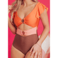 Saskia Orange Ruffle Sleeve Tricolor Cutout Front Ring One Piece Swimsuit