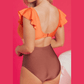 Saskia Orange Ruffle Sleeve Tricolor Cutout Front Ring One Piece Swimsuit