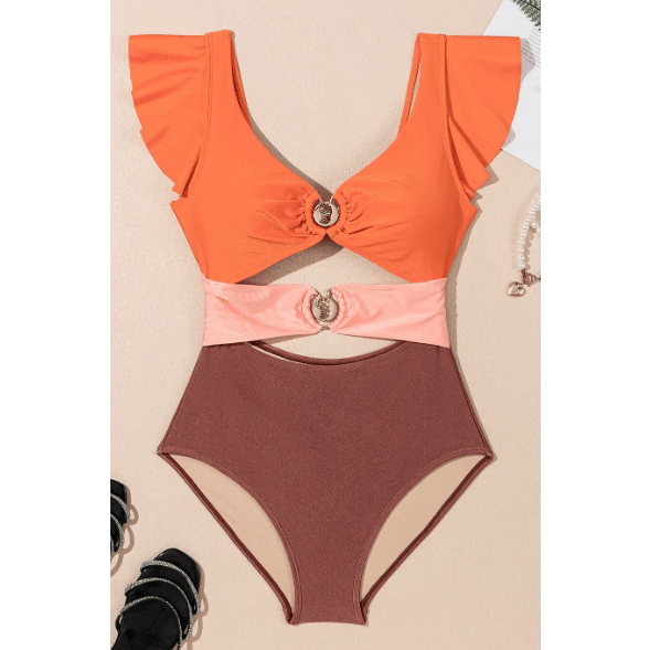Saskia Orange Ruffle Sleeve Tricolor Cutout Front Ring One Piece Swimsuit