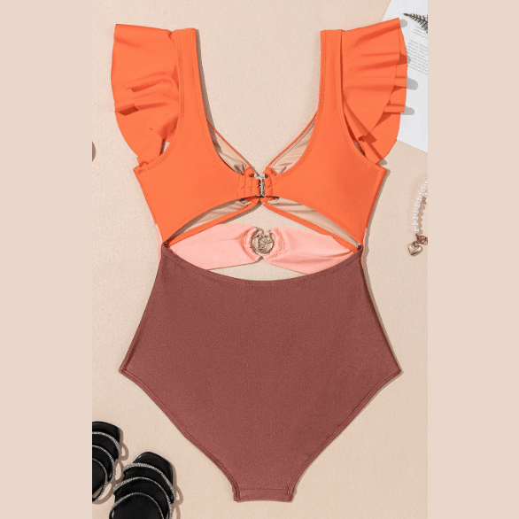 Saskia Orange Ruffle Sleeve Tricolor Cutout Front Ring One Piece Swimsuit