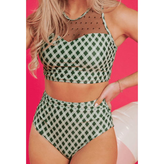 Saphira Green Dotted Mesh Plaid Patchwork High Waisted Bikini