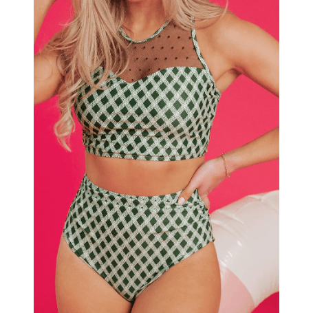 Saphira Green Dotted Mesh Plaid Patchwork High Waisted Bikini