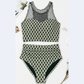 Saphira Green Dotted Mesh Plaid Patchwork High Waisted Bikini