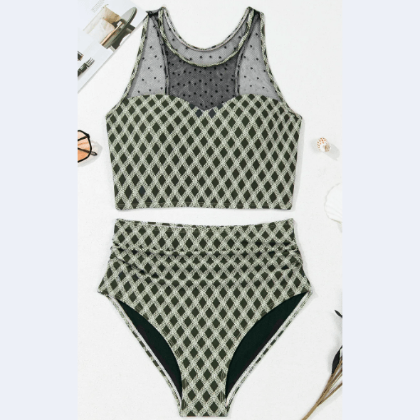 Saphira Green Dotted Mesh Plaid Patchwork High Waisted Bikini