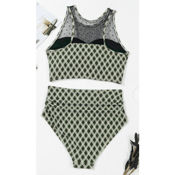 Saphira Green Dotted Mesh Plaid Patchwork High Waisted Bikini