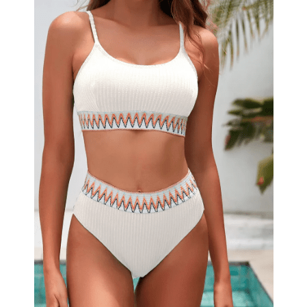 Tyrisha White Textured Contrast Banding Bikini High Waist 2pcs Swimsuit