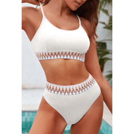 Tyrisha White Textured Contrast Banding Bikini High Waist 2pcs Swimsuit
