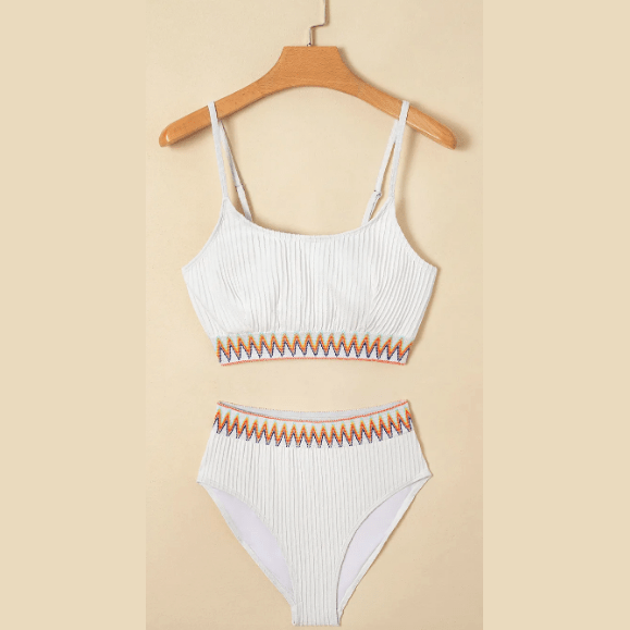 Tyrisha White Textured Contrast Banding Bikini High Waist 2pcs Swimsuit