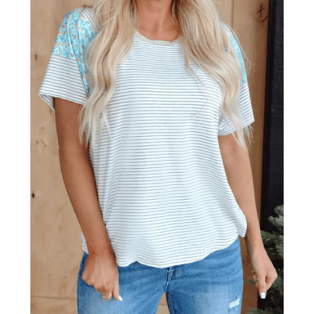 Steffi White Stripe Floral Insert Sleeves Contrast Round Neck Tee