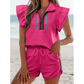 Amity Strawberry Pink Striped Detail Flutter Sleeve Zipped Collar Short Set