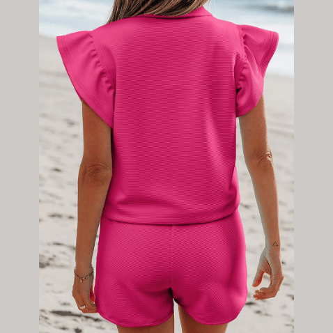 Amity Strawberry Pink Striped Detail Flutter Sleeve Zipped Collar Short Set